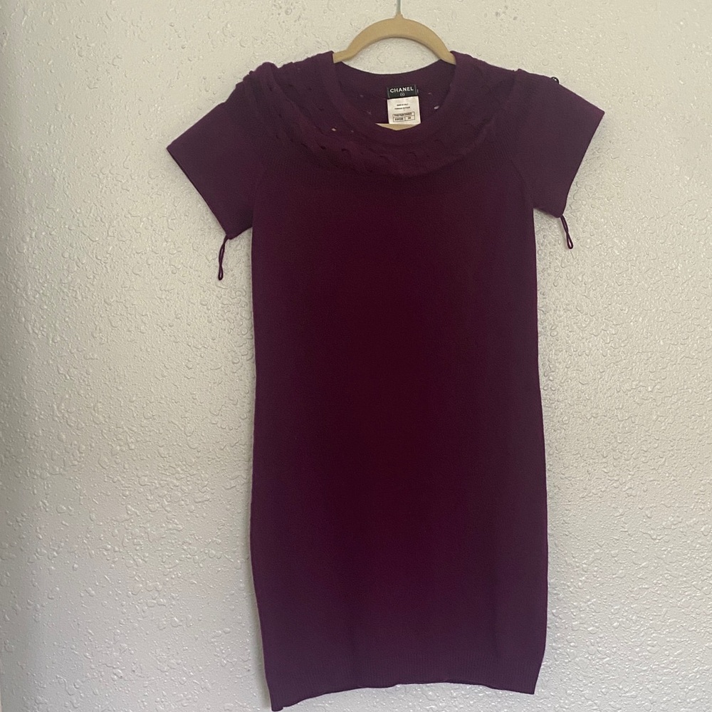 CHANEL Lattice Crochet Shoulder CC Logo Pullover Dress 34 Cashmere